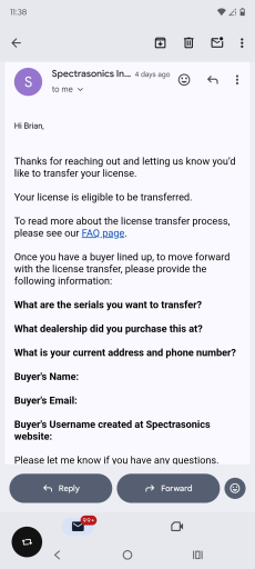 Pre-approved license transfer email